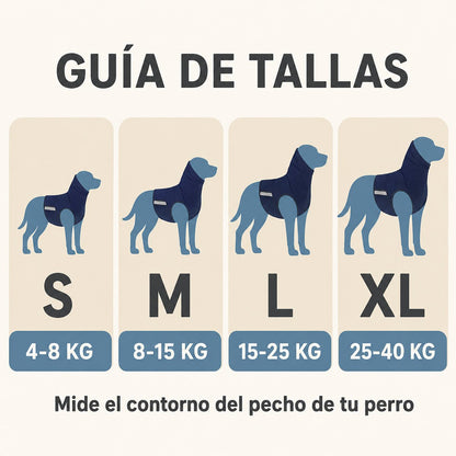 Guía de tallas del chaleco CALMORA: S, M, L y XL por peso del perro